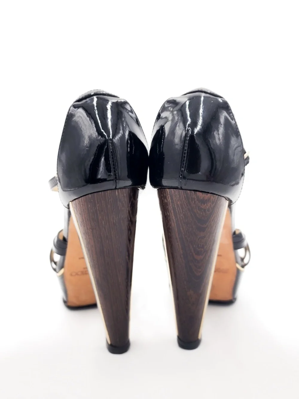 JIMMY CHOO Black Patent Leather Strap Lucite Platform Block Heel Sandals EU 37